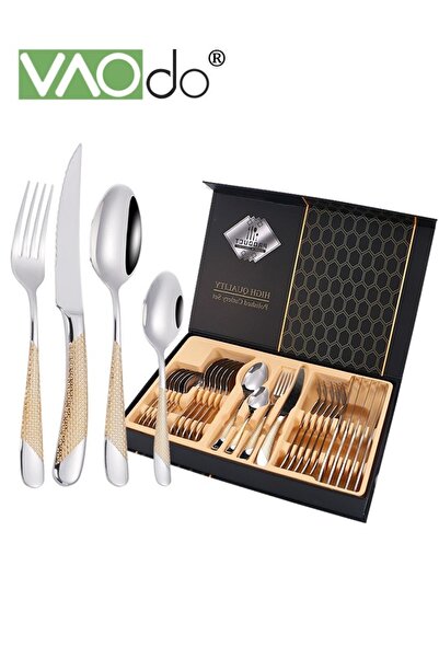VAODO 24PCS Hammered Silverware Set Stainless Steel Square Flatware Set for 6 Metal Tableware Cutlery Set