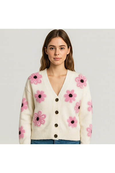 SARİTA MODA Daisy Pattern Buttoned Regular Loose Cardigan