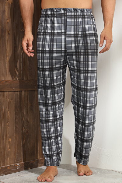 Serena Men's gray pajama pants with white checkered lines, loose fit - big size