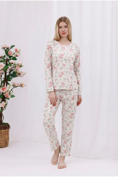 Arvin Pijama Women's Printed Soft Textured Long Sleeve Knitted Pajama Set