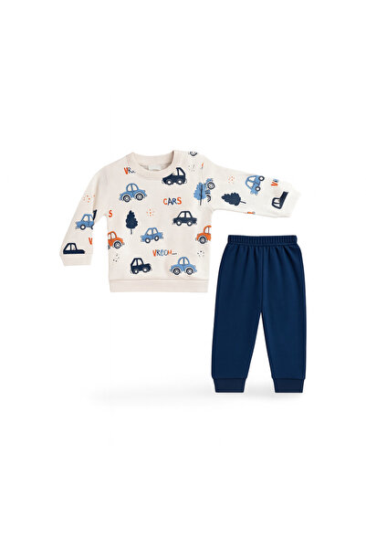 moukou Baby Car Patterned 2-Piece Set – Sweatshirt and Bottom Set, Soft Comfortable Casual Wear