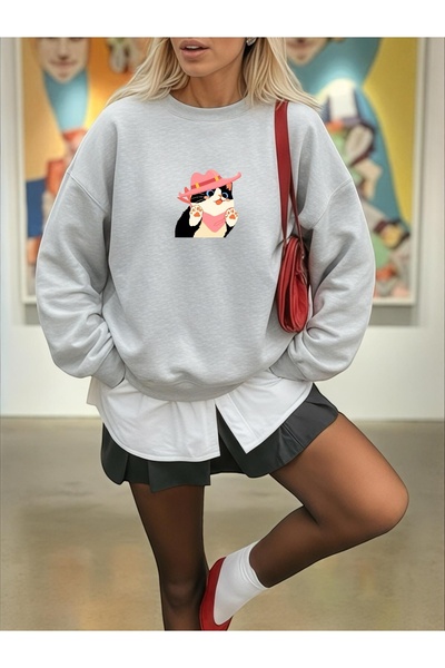 ArtYus Unisex Long Sleeve Transfer Cute Cat Bass Printed Load Size Crew Neck Sweatshirt