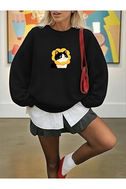 ArtYus Unisex Long Sleeve Transfer Cute Cat Bass Printed Load Size Crew Neck Sweatshirt