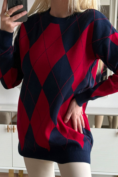 CİDDE Γυναικείο πλεκτό πουλόβερ με σχέδιο μπακλαβά Μήκος 77 εκ.