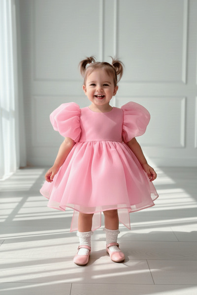 Bertuğ Bebek فستان سهرة للفتيات الصغيرات بأكمام بالون من الأورجانزا الوردي ال...