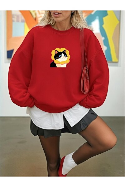 ArtYus Unisex Long Sleeve Transfer Cute Cat Bass Printed Load Size Crew Neck Sweatshirt