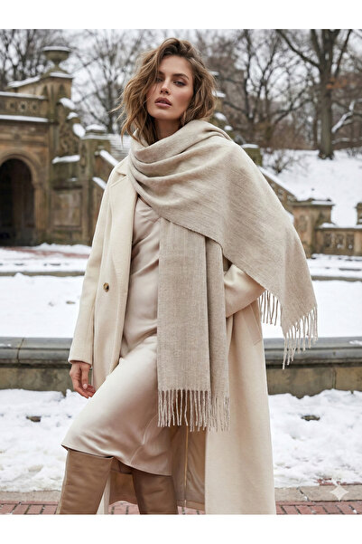 Luminos Butik Beige Tasseled Scarf – Shawl and Wide Structure, Ideal for Cold Weather Sal1296
