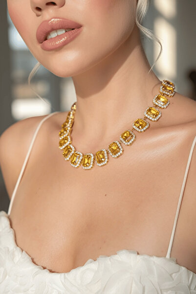 TAKIŞTIR Altın Renk Sarı Taş Detaylı Tasarım Abiye Kolye