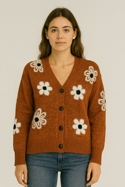 SARİTA MODA Daisy Pattern Buttoned Regular Loose Cardigan