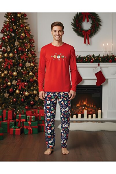 Serena Men's Christmas pajamas red & navy with festive figures