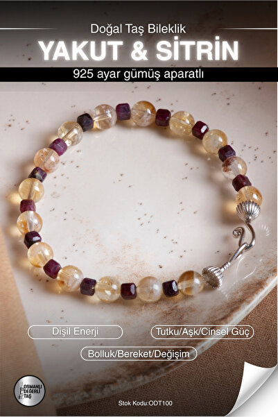 OSMANLI DEĞERLİ TAŞ Sertifikalı Yakut-Sitrin Doğal Taş 925 Ayar Gümüş Aparatl...