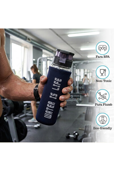 Köken Sticlă de apă sport de 550 ml, sticlă borosilicată cu capac din plastic fără BPA, mâner, transparent/negru