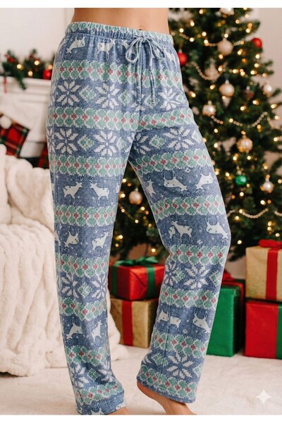 Serena Women's blue Christmas long pants with reindeer pattern – 100% cotton