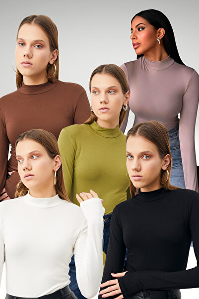 Bipantolon Women's Black White Bitter Brown Oil Green Light Purple 5-Piece Finger Detailed Bodysuit