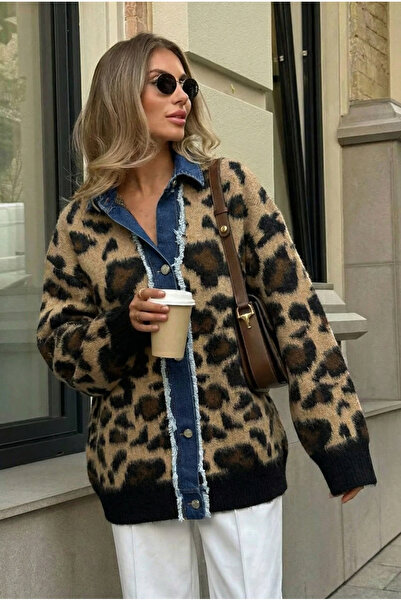 FEMELLE Women's Leopard Pattern Denim Detailed Oversized Knitwear Cardigan