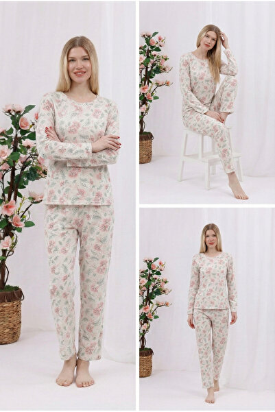 Arvin Pijama Women's Printed Soft Textured Long Sleeve Knitted Pajama Set