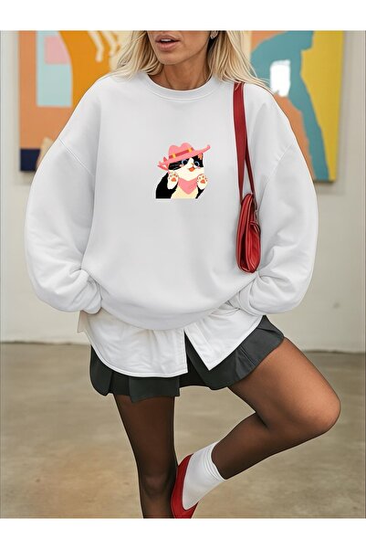 ArtYus Unisex Long Sleeve Transfer Cute Cat Bass Printed Load Size Crew Neck Sweatshirt