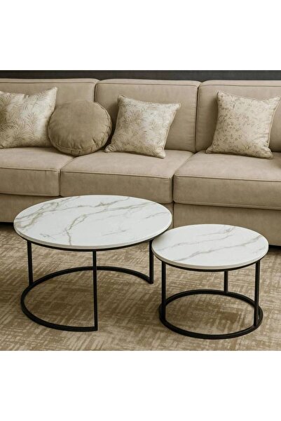 LAMST Two-piece wooden table set with marble-look top and black iron frame