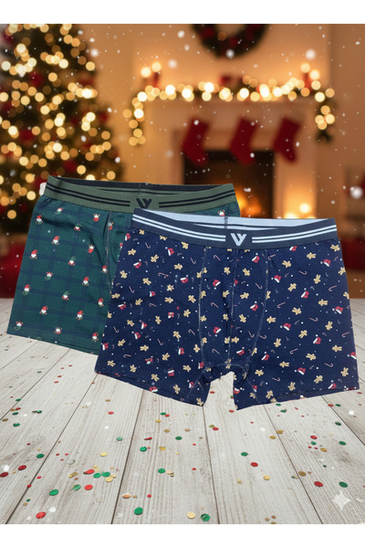 Serena Set of 2 Men's Boxers – Christmas Print, Green & Navy