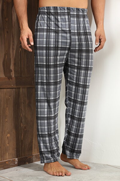 Serena Men's gray pajama pants with white checkered lines, loose fit - big size