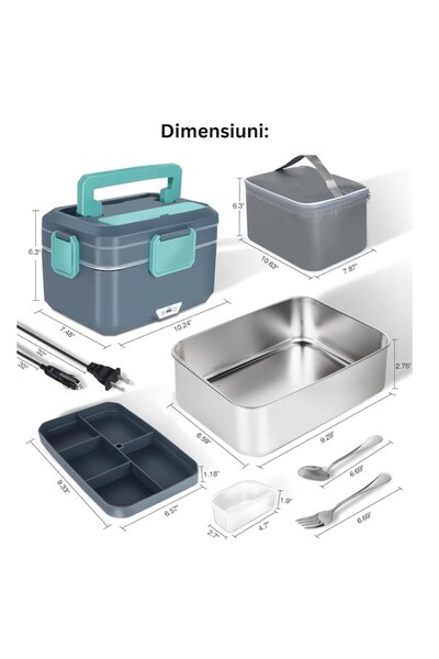 TrendiShop Electric Lunchbox 3.5L (2.5L stainless +1L), 90W, 12/24/220V, Grey-Turquoise