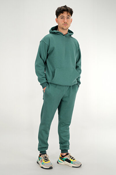 Souris Men's Petrol Green Relaxed Fit Tracksuit Set 3 Thread Fleece-Lined Thick Fabric Ribbed Leg Drawstring Waist