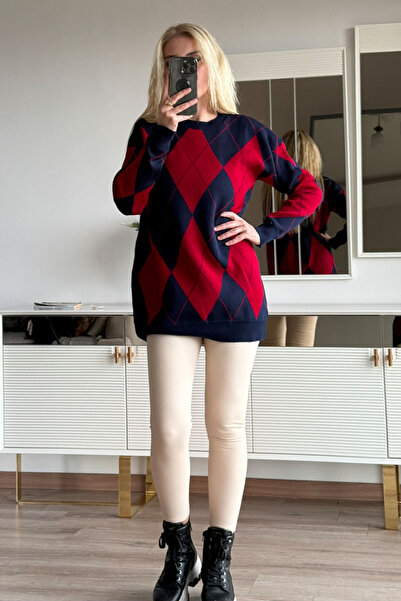 CİDDE Γυναικείο πλεκτό πουλόβερ με σχέδιο μπακλαβά Μήκος 77 εκ.