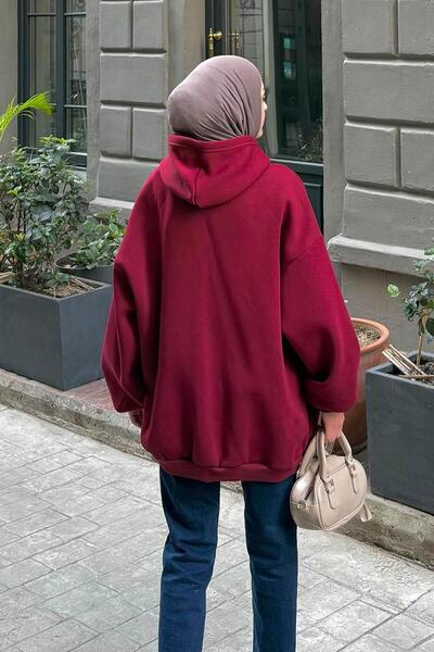 lamelif Hooded Oversize Sweatshirt with Side Pockets Burgundy