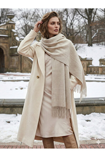 Luminos Butik Beige Tasseled Scarf – Shawl and Wide Structure, Ideal for Cold Weather Sal1296