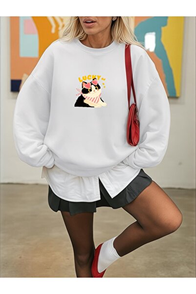 ArtYus Unisex Long Sleeve Transfer Lucky Cat B Printed Plus Size Crew Neck Sweatshirt