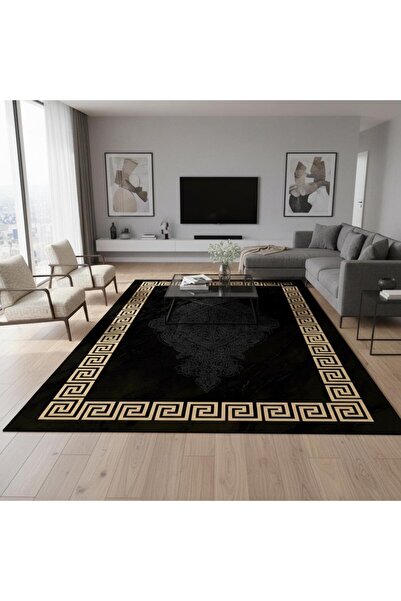 Carpettex Siyah ve Altın Desenli Dijital Baskılı Halı Kaymaz Tabanlı Modern G...
