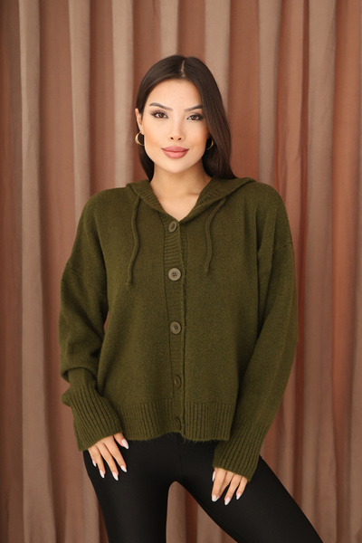 ALCHON Hooded Long Sleeve Lace-Up Four Button Soft Textured Stylish Standard Length Winter Basic Knitwear Cardigan