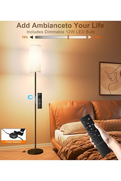 Bukela Moroccan Dimmable 12W LED Floor Lamp with Remote, Foot Switch, Beige Linen Shade