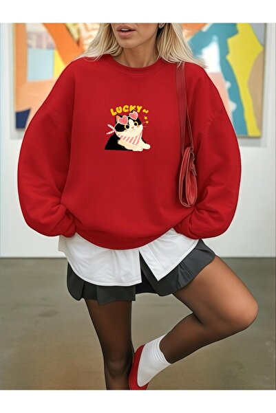 ArtYus Unisex Long Sleeve Transfer Lucky Cat B Printed Plus Size Crew Neck Sweatshirt