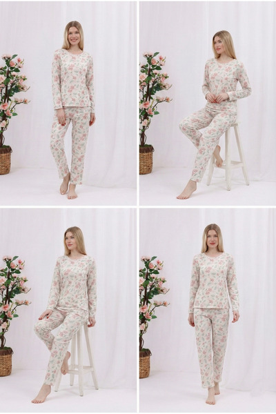 Arvin Pijama Women's Printed Soft Textured Long Sleeve Knitted Pajama Set