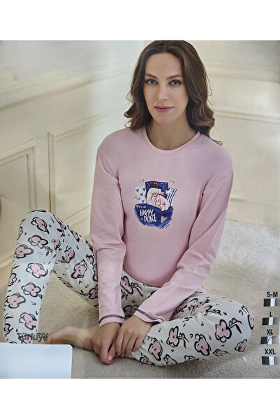 İpek Women's Long Sleeve Crew Neck 100% Cotton Patterned Pajama Set