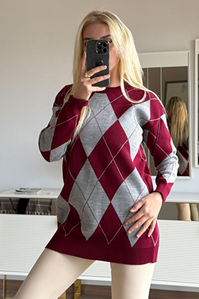 CİDDE Γυναικείο πλεκτό πουλόβερ με σχέδιο μπακλαβά Μήκος 77 εκ.