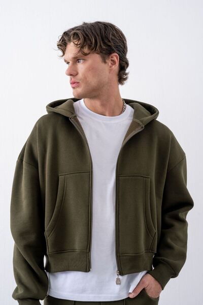 gothamvibes Men's Boxy Oversized Zippered Chill Khaki Sweatshirt
