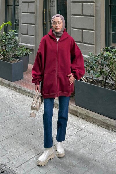 lamelif Hooded Oversize Sweatshirt with Side Pockets Burgundy