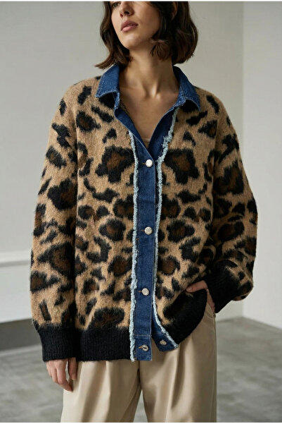 FEMELLE Women's Leopard Pattern Denim Detailed Oversized Knitwear Cardigan