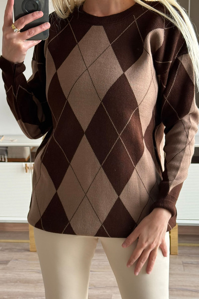 CİDDE Γυναικείο πλεκτό πουλόβερ με σχέδιο μπακλαβά Μήκος 77 εκ.