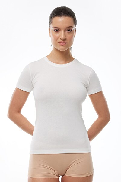 Malabadi Women's Ecru Round Neck Short Sleeve Viloft Thermal Top Underwear 705