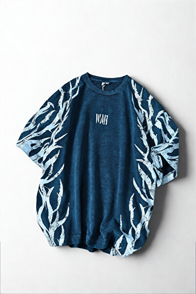 A&O Style Men's Navy Blue Oversized War Printed Washed Crew Neck T-Shirt