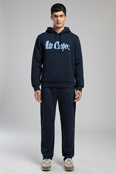Lee Cooper سويت شيرت جريج للرجال بغطاء رأس باللون الأزرق الداكن