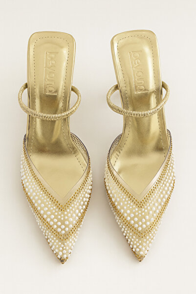 Beyond Women's Gold Transparent Pearl Stone Pointed Toe Evening Dress Shoes 8.5 cm Byndprs07