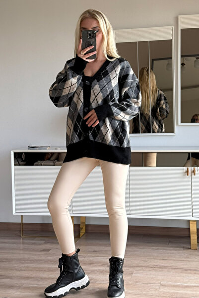 CİDDE Women's Diamond Patterned Fleece-Lined Oversize Knitwear Cardigan Length 72 cm