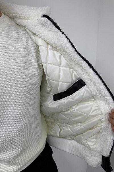 thesunfyre Men's Polo Collar Oversized Striped Detail Double Pocket Plush Jacket Coat