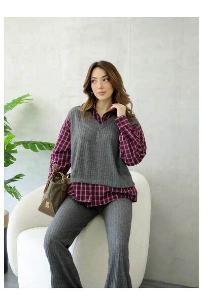 Coral 36596 Süveterli Ekose Gömlekli Takım Antrasit - Bordo