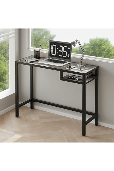 CHOIWIN طاولة زجاجية حديثة (100 × 36 × 74 سم) - طاولة جانبية بإطار معدني أسود مع رف تخزين، تصميم متعدد الأغراض