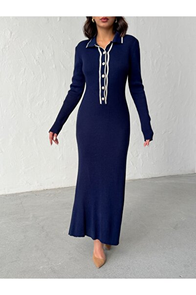 BEJNA Women's Polo Neck Stylish Buttoned Long Dress